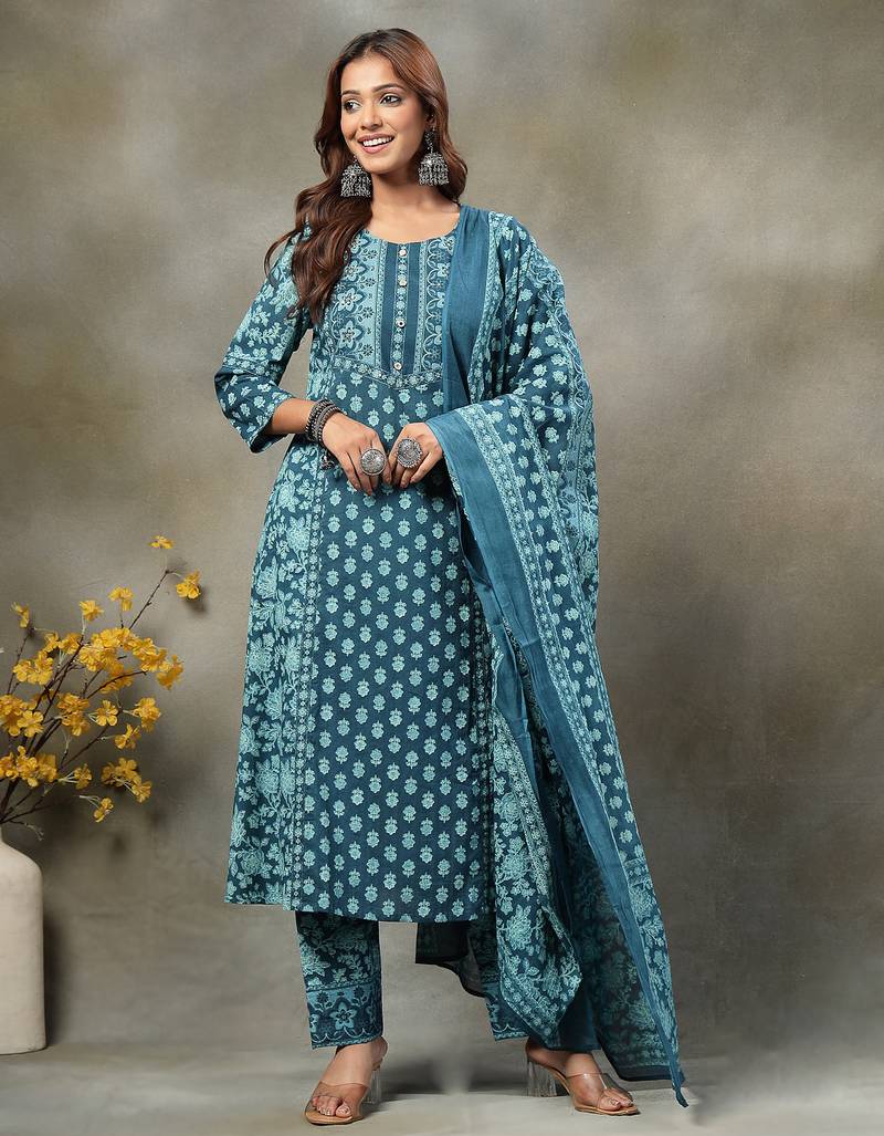 teal blue  floral print sequins work cotton a-line kurta and trouser with dupatta set
