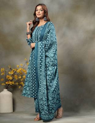 teal blue  floral print sequins work cotton a-line kurta and trouser with dupatta set 2