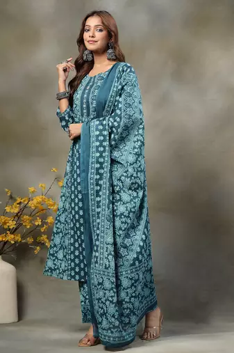 teal blue  floral print sequins work cotton a-line kurta and trouser with dupatta set