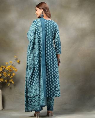 teal blue  floral print sequins work cotton a-line kurta and trouser with dupatta set 3