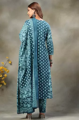 teal blue  floral print sequins work cotton a-line kurta and trouser with dupatta set
