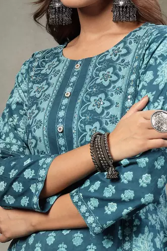teal blue  floral print sequins work cotton a-line kurta and trouser with dupatta set