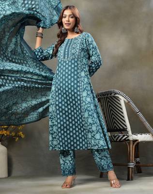 teal blue  floral print sequins work cotton a-line kurta and trouser with dupatta set 5