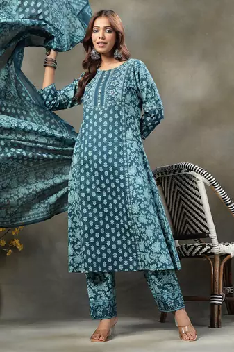 teal blue  floral print sequins work cotton a-line kurta and trouser with dupatta set