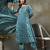 teal blue  floral print sequins work cotton a-line kurta and trouser with dupatta set