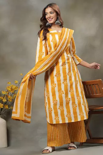 mustard floral print cotton straight kurta palazoo dupatta set