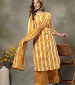 mustard floral print cotton straight kurta palazoo dupatta set