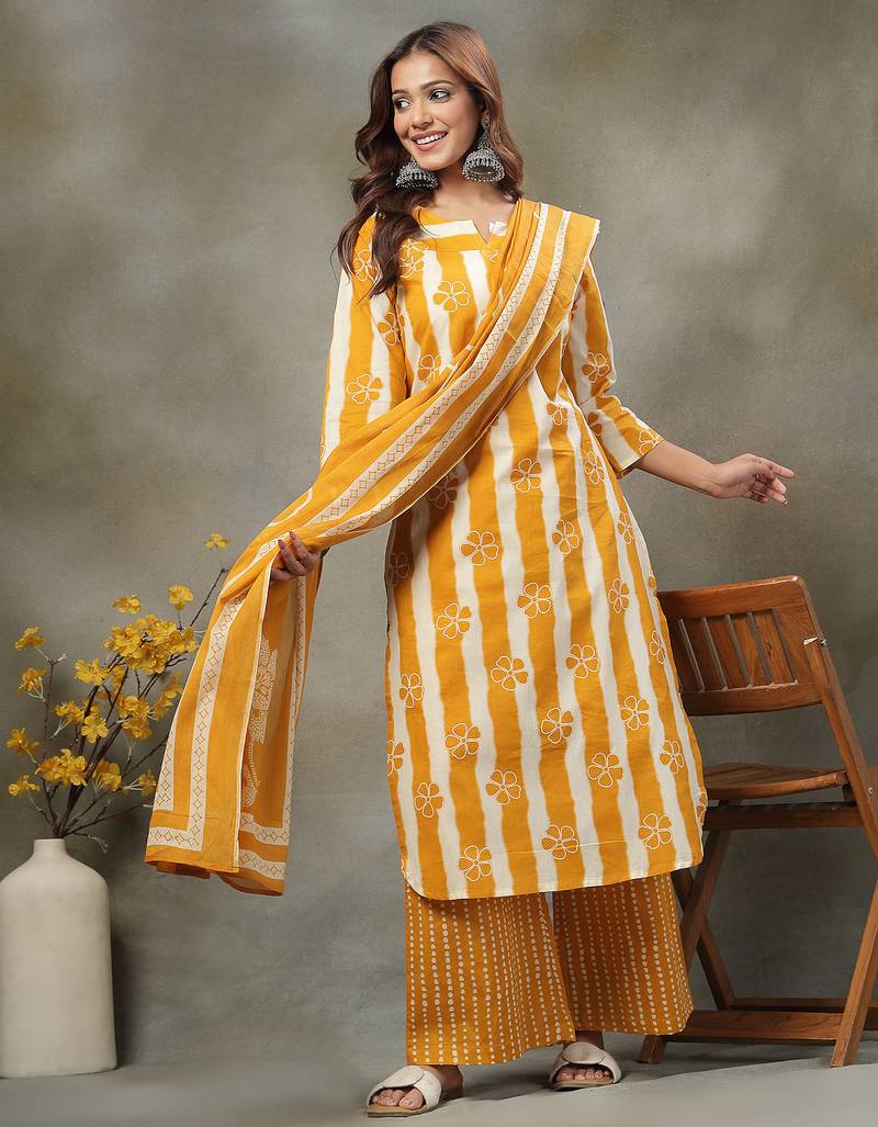 mustard floral print cotton straight kurta palazoo dupatta set