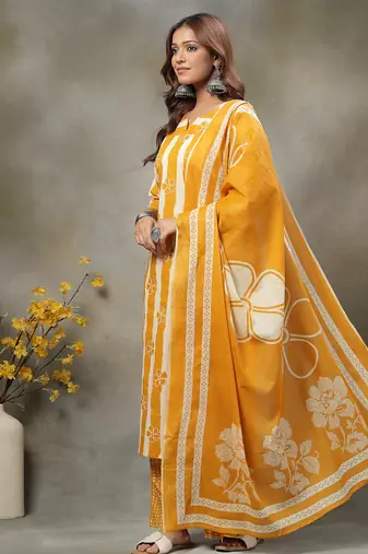 mustard floral print cotton straight kurta palazzo dupatta set