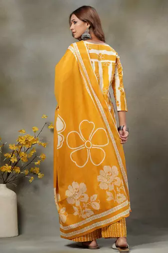 mustard floral print cotton straight kurta palazzo dupatta set
