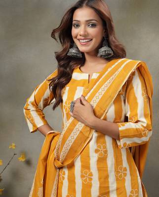 mustard floral print cotton straight kurta palazzo dupatta set 4