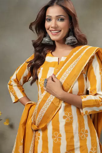 mustard floral print cotton straight kurta palazzo dupatta set