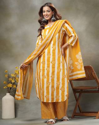 mustard floral print cotton straight kurta palazzo dupatta set 5