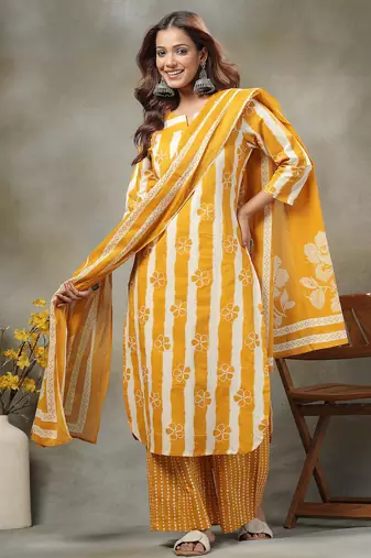 mustard floral print cotton straight kurta palazzo dupatta set