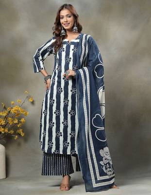 navy blue floral print cotton straight kurta palazzo dupatta set 1