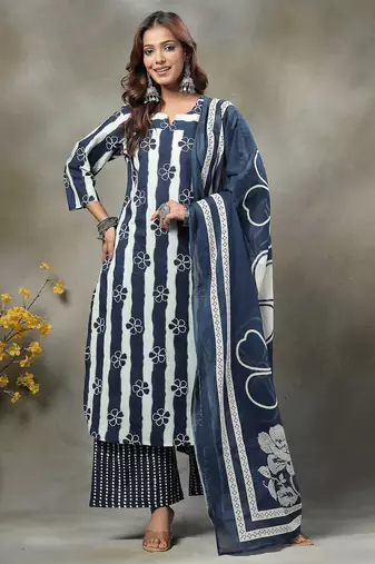 navy blue floral print cotton straight kurta palazoo dupatta set