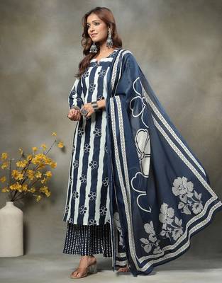 navy blue floral print cotton straight kurta palazzo dupatta set 2
