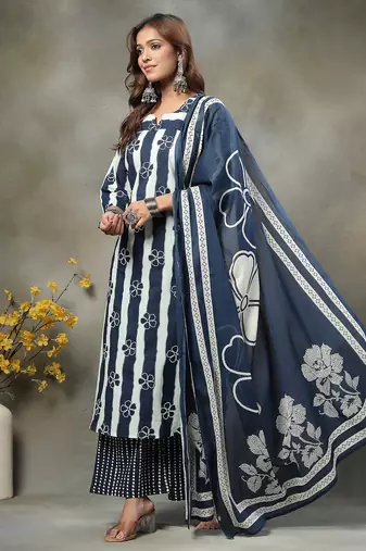 navy blue floral print cotton straight kurta palazzo dupatta set