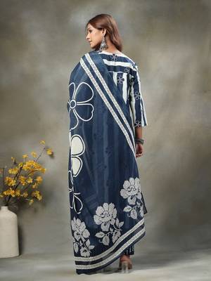 navy blue floral print cotton straight kurta palazzo dupatta set 3
