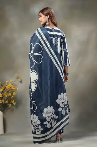 navy blue floral print cotton straight kurta palazzo dupatta set