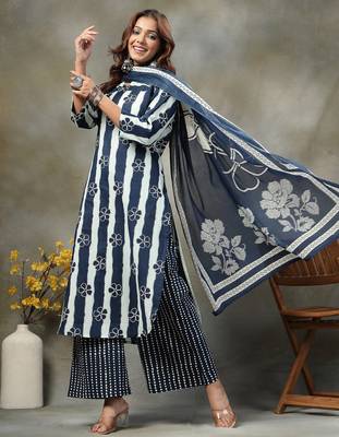 navy blue floral print cotton straight kurta palazzo dupatta set 5
