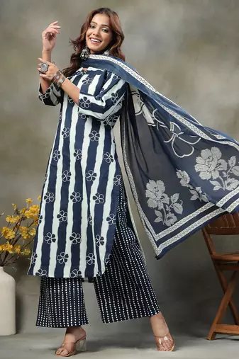 navy blue floral print cotton straight kurta palazzo dupatta set