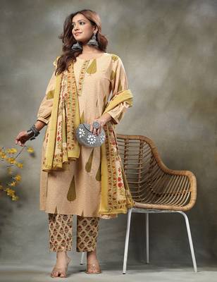 green and peach floral sequins work cotton a-line kurta and trouser dupatta set 1