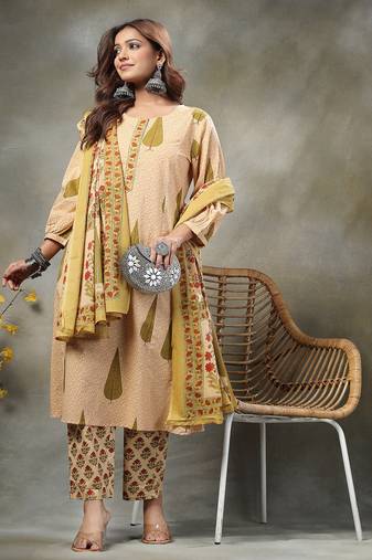 green and peach floral sequins work cotton a-line kurta and trouser dupatta set