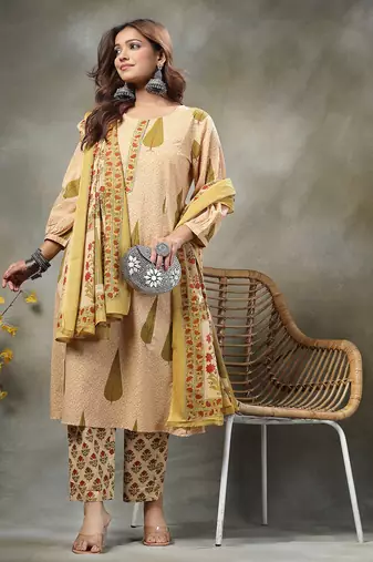green and peach floral sequins work cotton a-line kurta and trouser dupatta set
