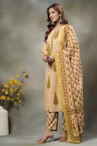 green and peach floral sequins work cotton a-line kurta and trouser dupatta set