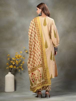 green and peach floral sequins work cotton a-line kurta and trouser dupatta set 3