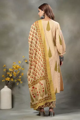 green and peach floral sequins work cotton a-line kurta and trouser dupatta set