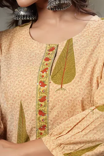 green and peach floral sequins work cotton a-line kurta and trouser dupatta set