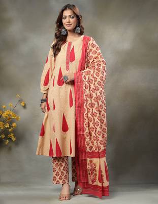 red and peach floral sequins work cotton a-line kurta and trouser dupatta set 1