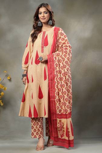 red and peach floral sequins work cotton a-line kurta and trouser dupatta set