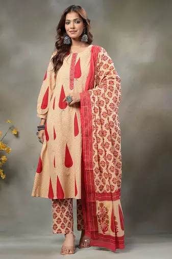 red and peach floral sequins work cotton a-line kurta and trouser dupatta set