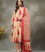 red and peach floral sequins work cotton a-line kurta and trouser dupatta set