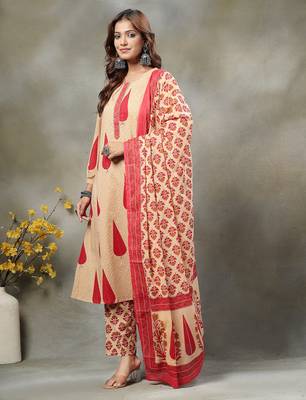 red and peach floral sequins work cotton a-line kurta and trouser dupatta set 2