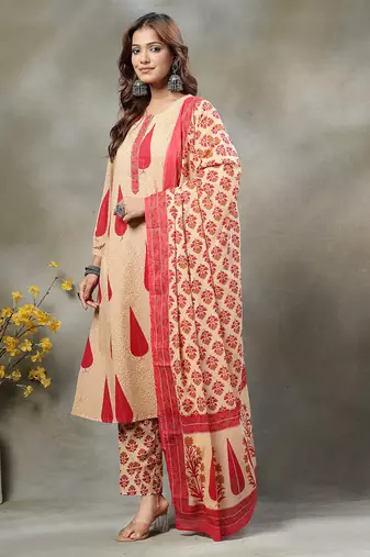 red and peach floral sequins work cotton a-line kurta and trouser dupatta set