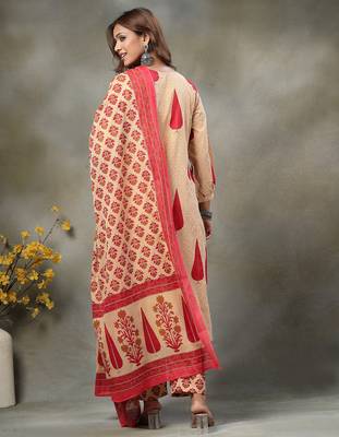 red and peach floral sequins work cotton a-line kurta and trouser dupatta set 3