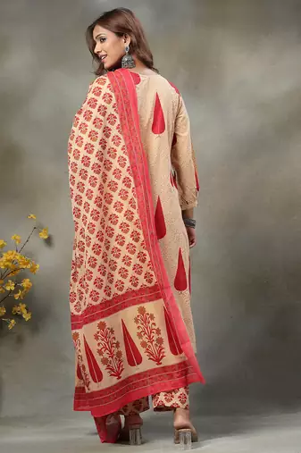 red and peach floral sequins work cotton a-line kurta and trouser dupatta set