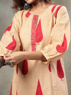red and peach floral sequins work cotton a-line kurta and trouser dupatta set 4