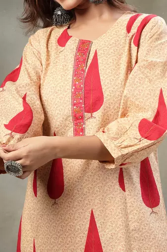 red and peach floral sequins work cotton a-line kurta and trouser dupatta set