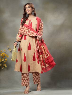 red and peach floral sequins work cotton a-line kurta and trouser dupatta set 5