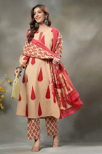 red and peach floral sequins work cotton a-line kurta and trouser dupatta set