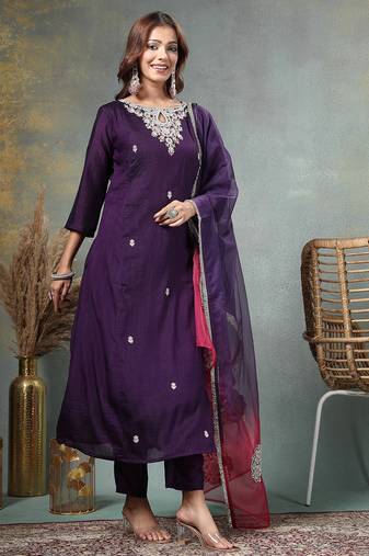 purple zari work a-line silk blend kurta trouser dupatta set cotton lining