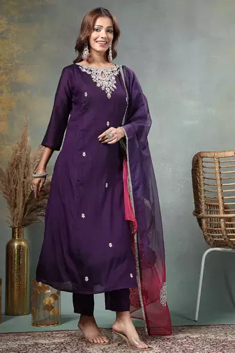 purple zari work a-line silk blend kurta trouser dupatta set cotton lining