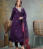 purple zari work a-line silk blend kurta trouser dupatta set cotton lining