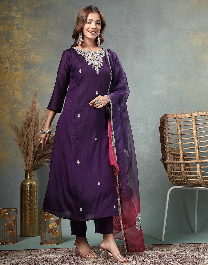 purple zari work a-line silk blend kurta trouser dupatta set cotton lining