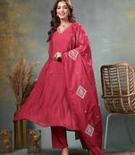 maroon zari work a-line chanderi silk kurta trouser dupatta set